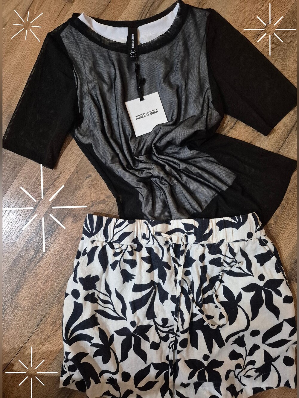 AGNES & DORA-Black Sheer Top, White Tank & Black/White Floral Shorts BUNDLE! NWT